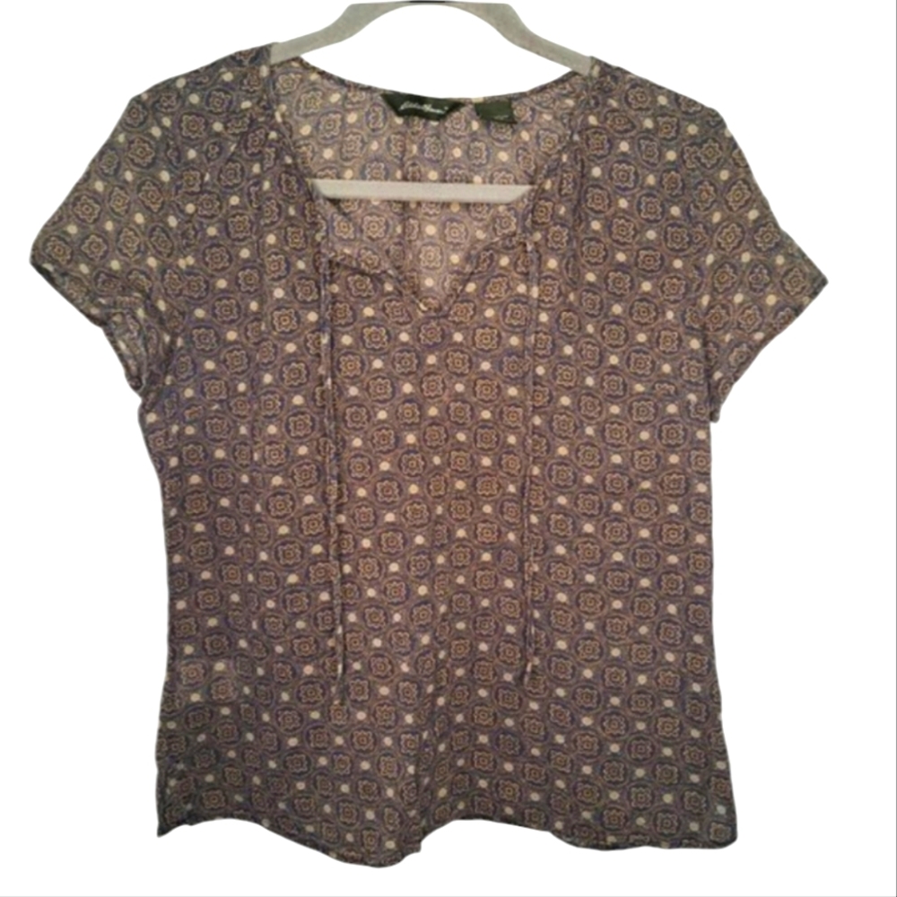 Eddie Bauer Blue Patterned Split Neck Tie Blouse Size Small